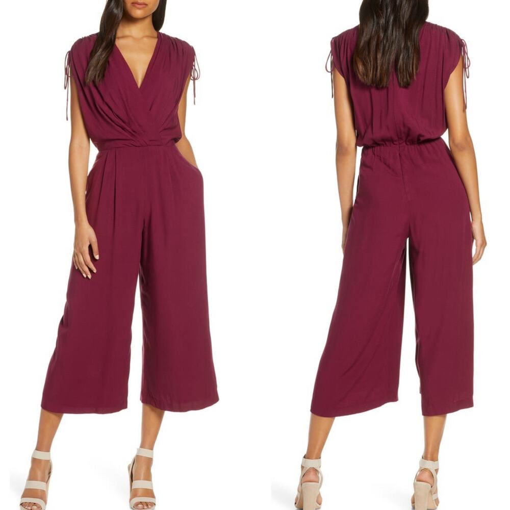 Gal Meets Glam Luella Ruched-Shoulder Crop Jumpsuit Burgundy Red Size 0 Wide Leg